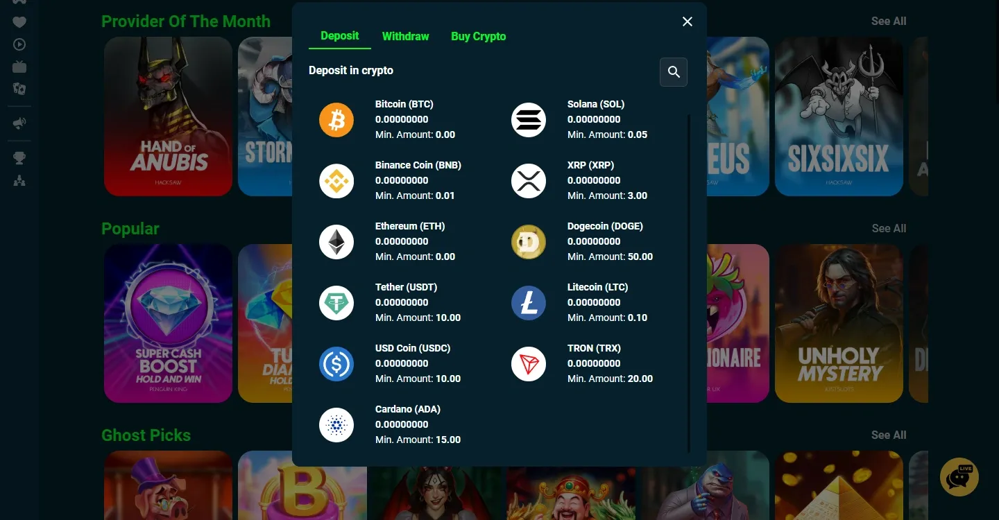 Ghostino Casino payment methods screenshot