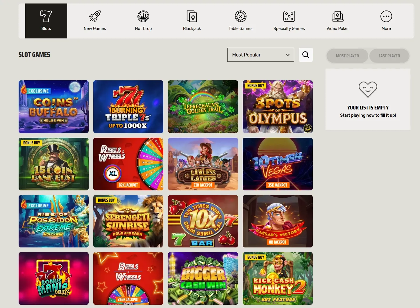 Ignition Casino game lobby screenshot