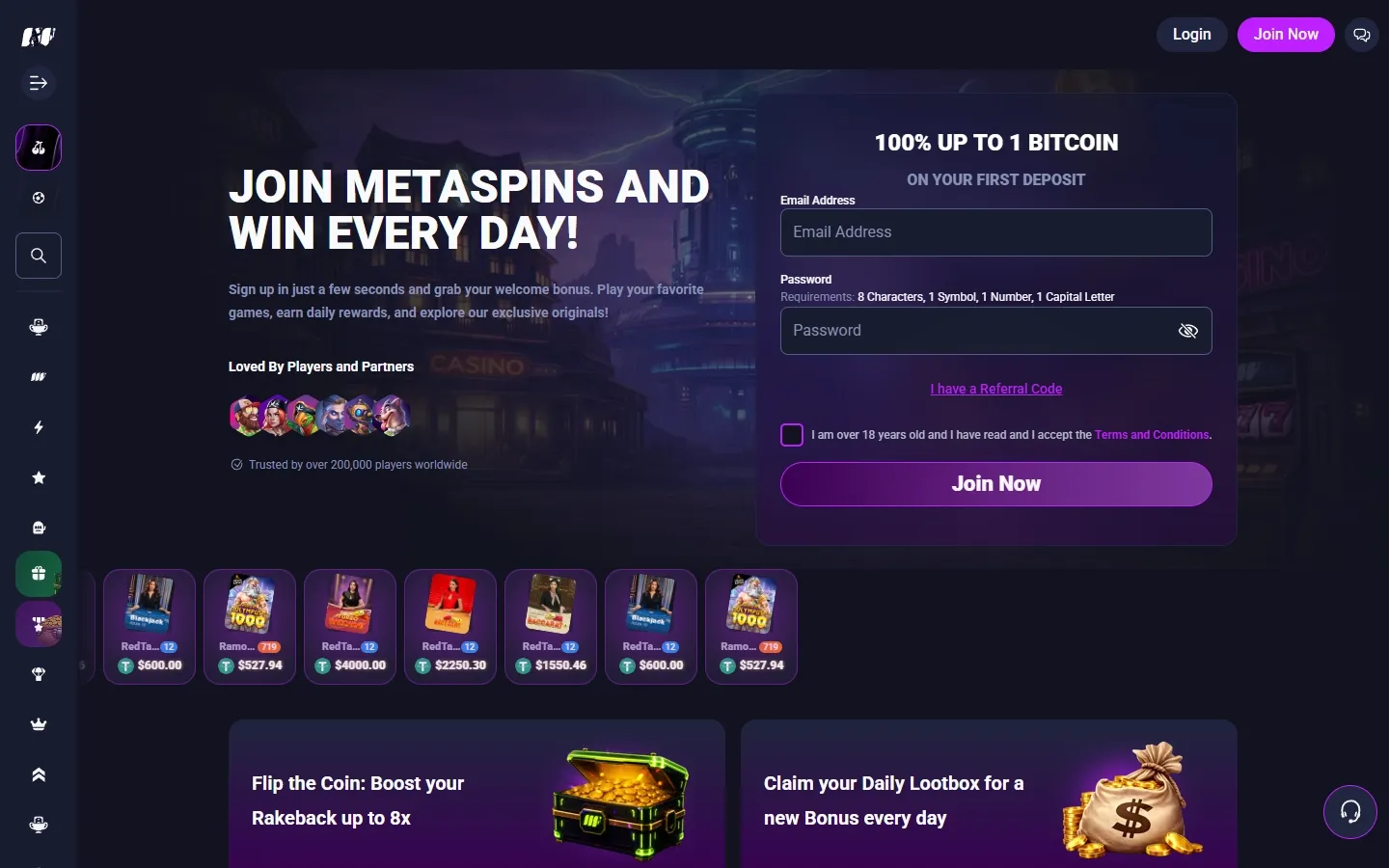Metaspins Casino homepage screenshot