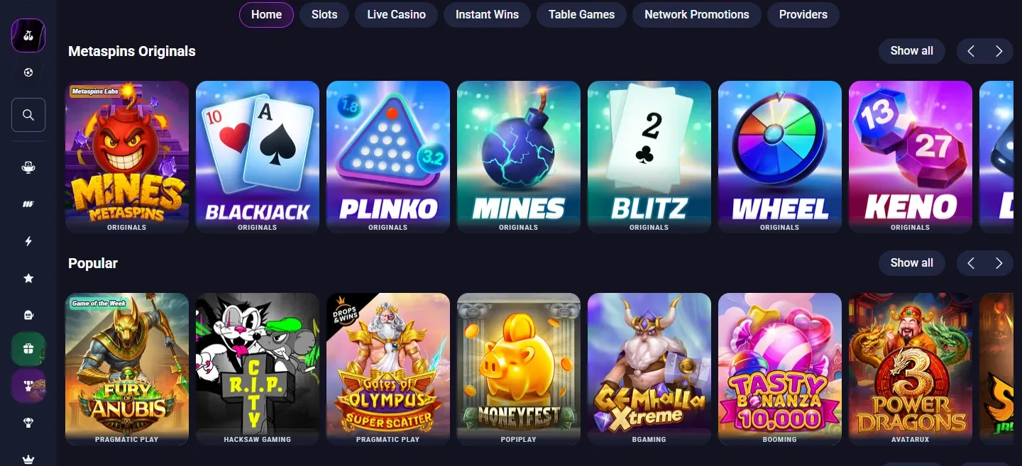 Metaspins Casino game lobby screenshot