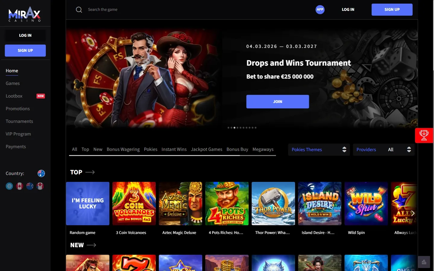 Mirax Casino homepage screenshot