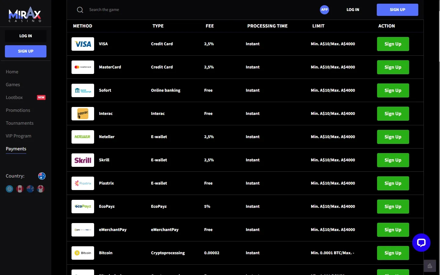 Mirax Casino payment methods screenshot