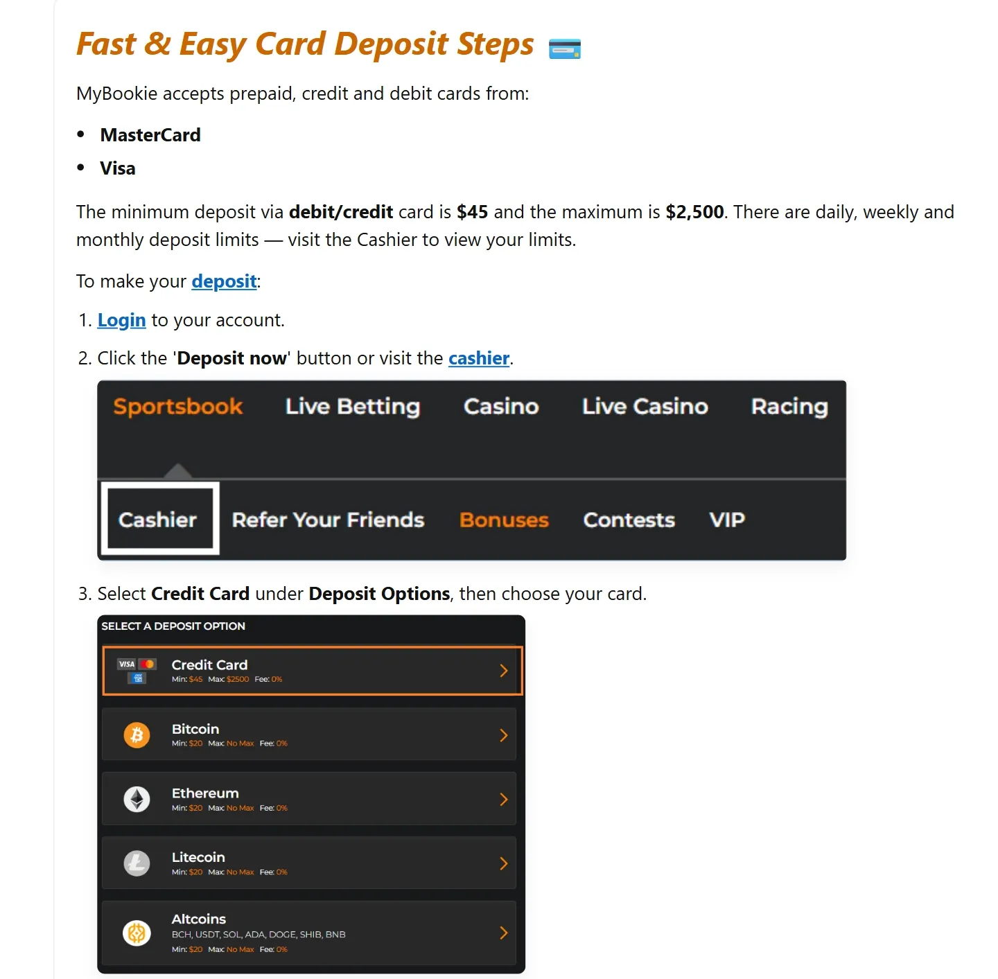 MyBookie Casino payment methods screenshot