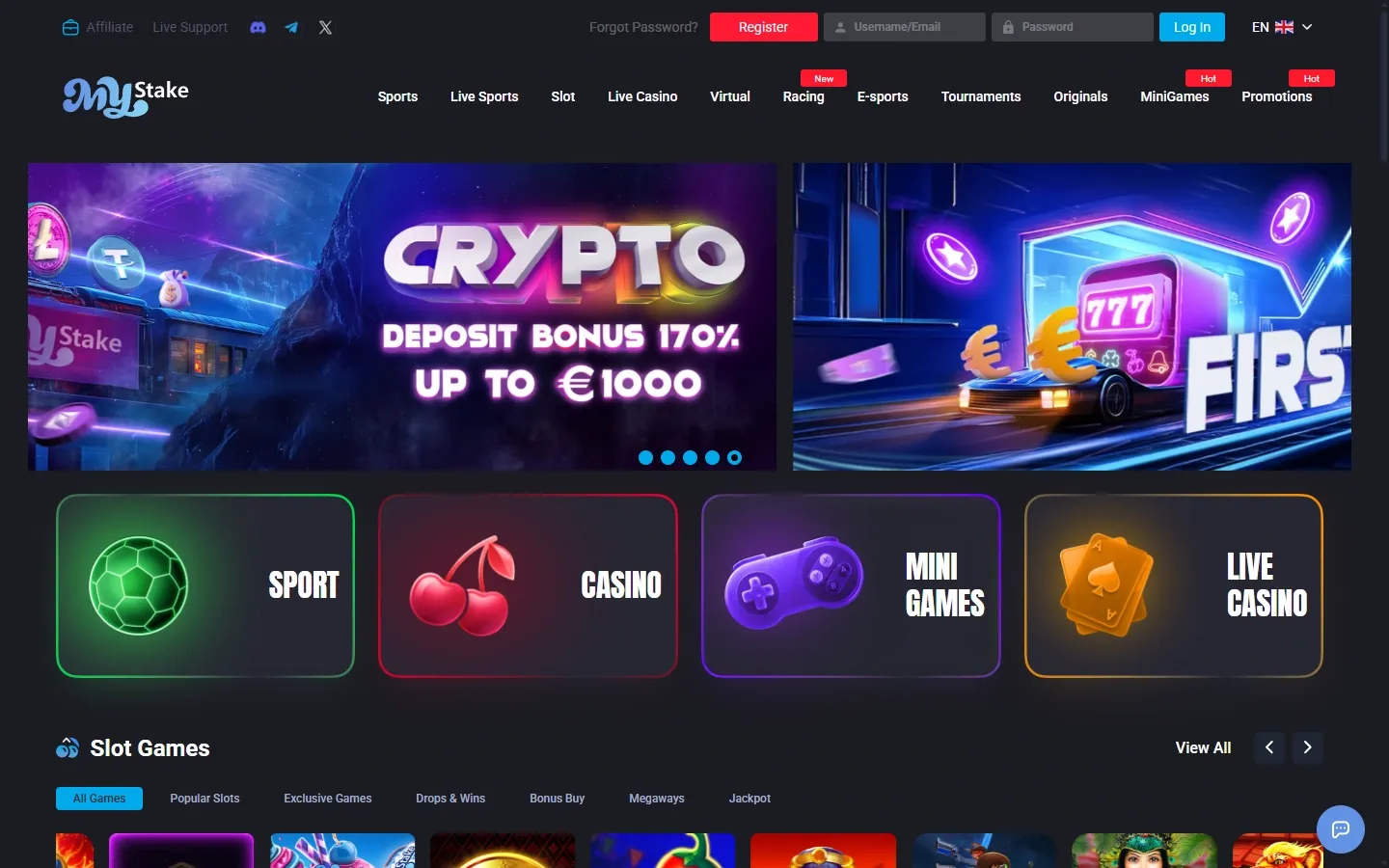 MyStake Casino homepage screenshot