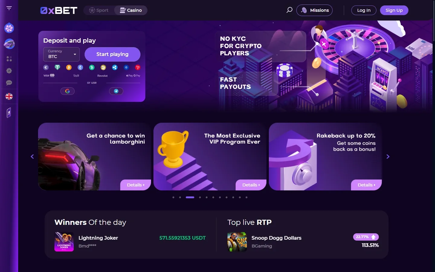 0xBet Casino homepage screenshot