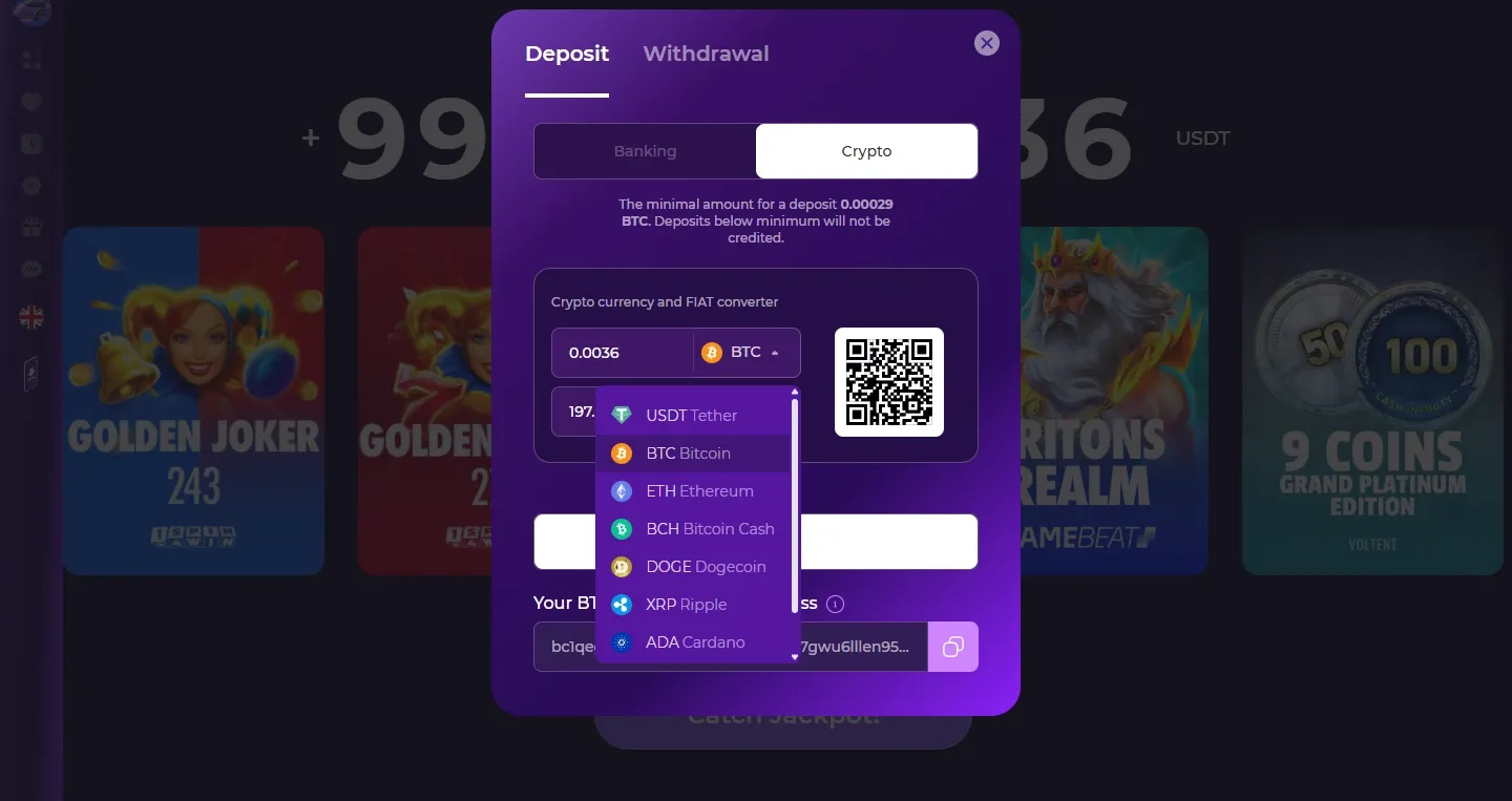 0xBet Casino payment methods screenshot