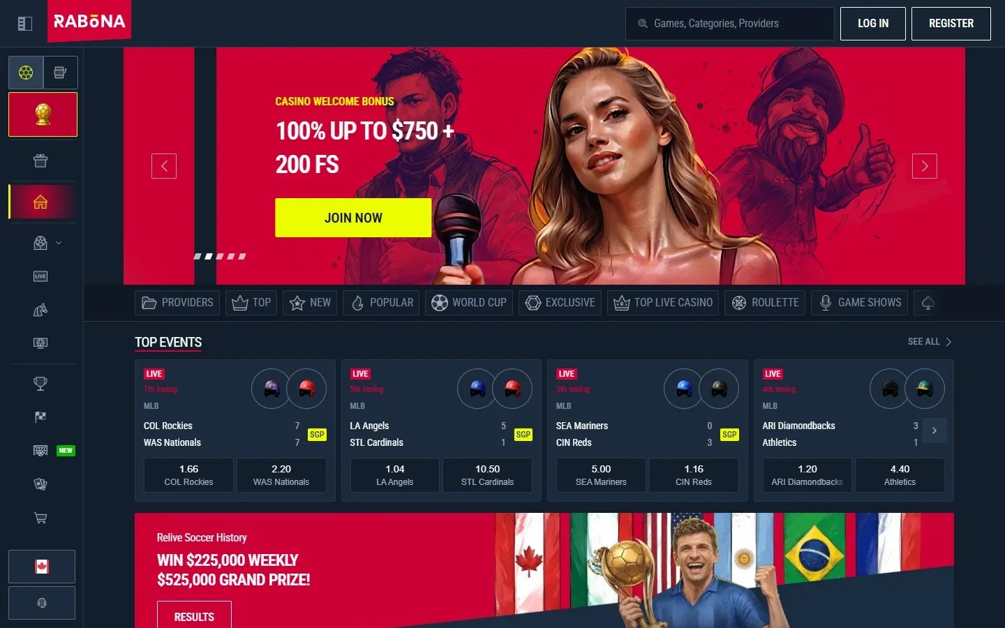 Rabona Casino homepage screenshot