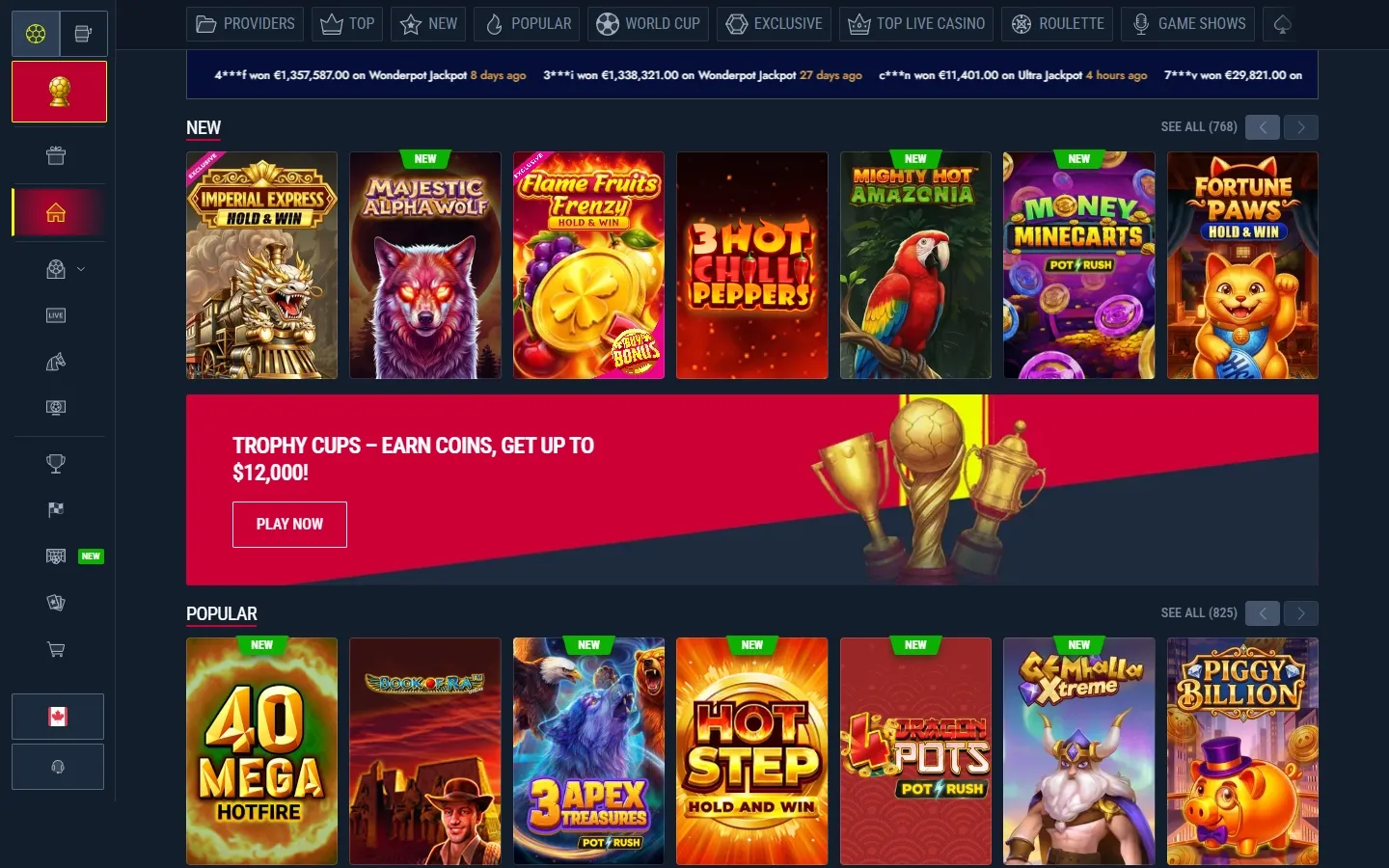 Rabona Casino game lobby screenshot
