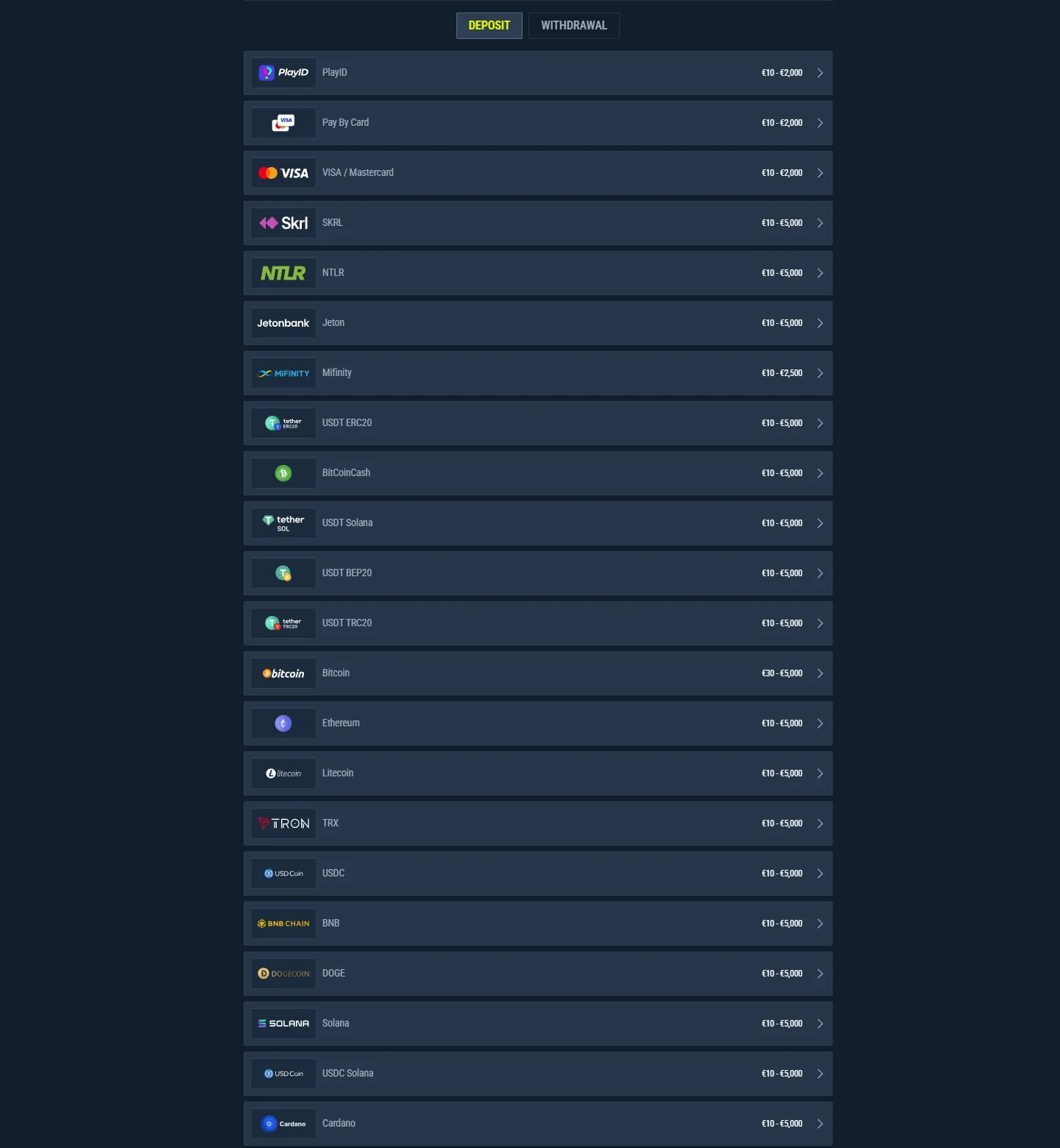 Rabona Casino payment methods screenshot