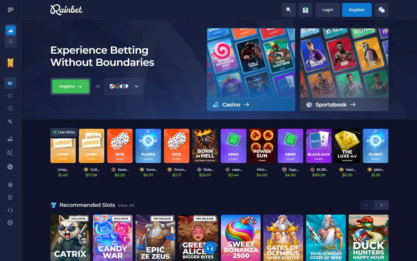 Rainbet Casino homepage screenshot