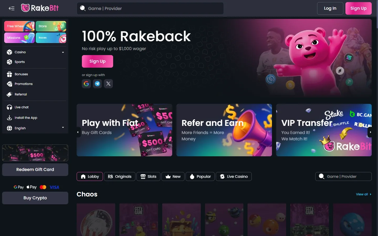 Rakebit Casino homepage screenshot
