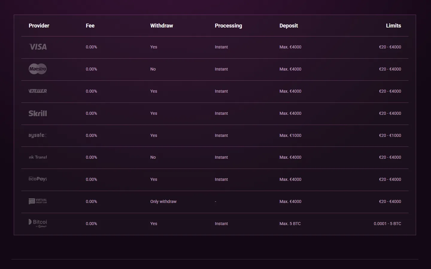 Ricky Casino payment methods screenshot
