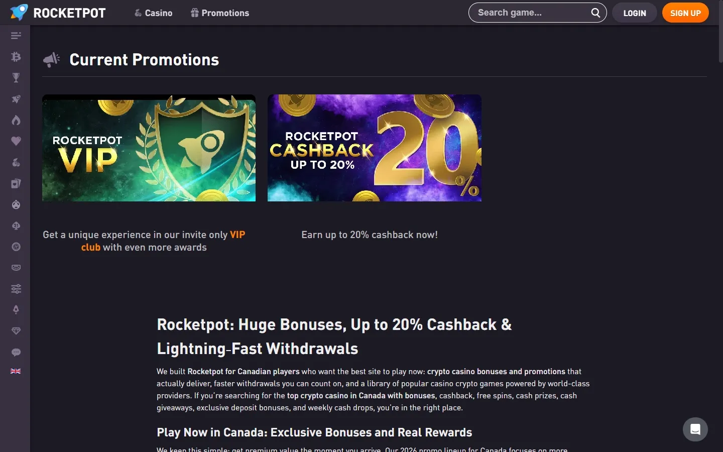 Rocketpot Casino promotions screenshot
