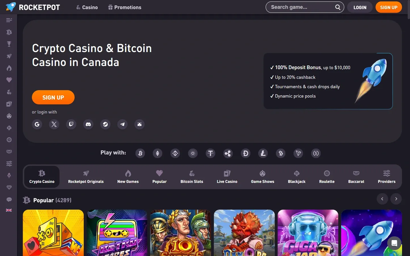 Rocketpot Casino homepage screenshot