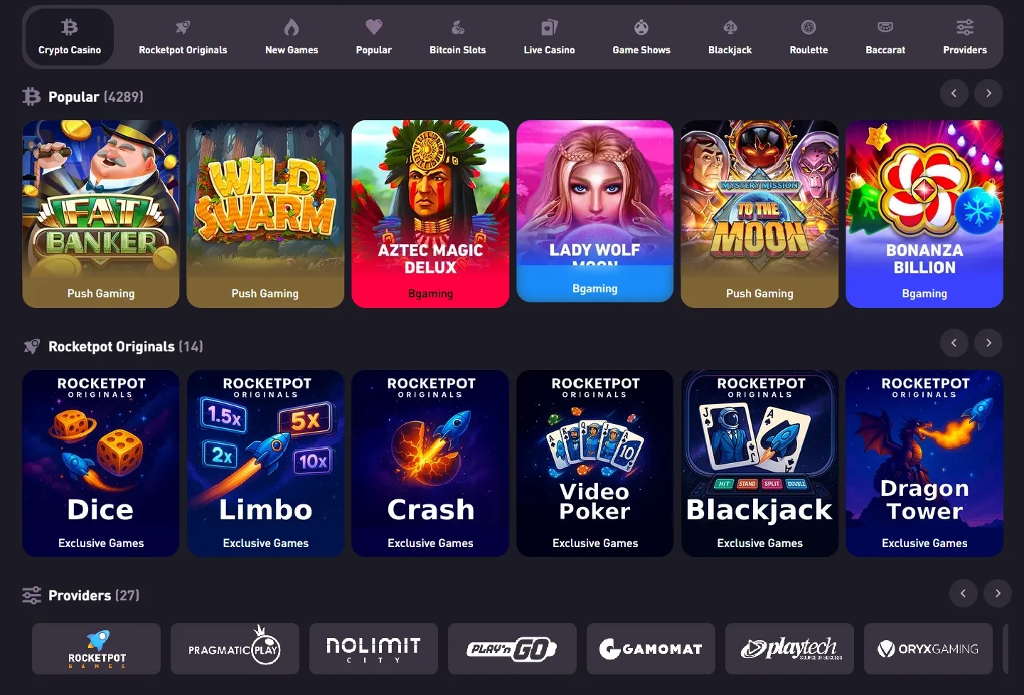 Rocketpot Casino game lobby screenshot
