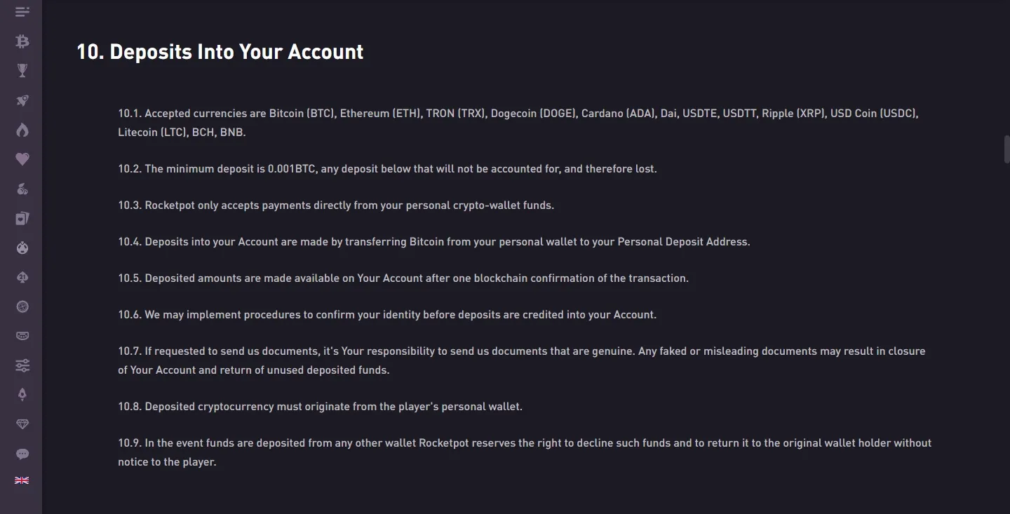 Rocketpot Casino payment methods screenshot