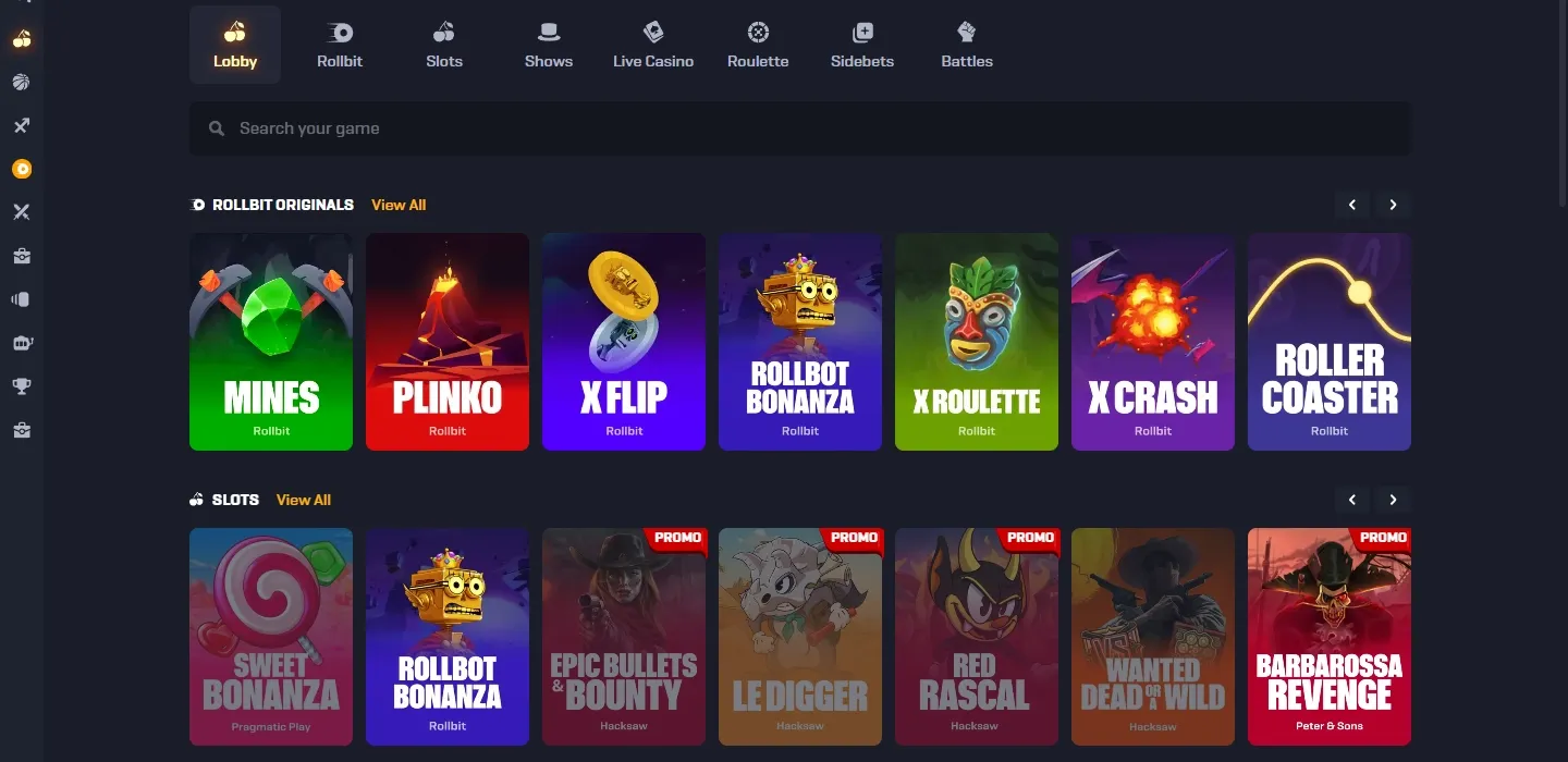 Rollbit game lobby screenshot