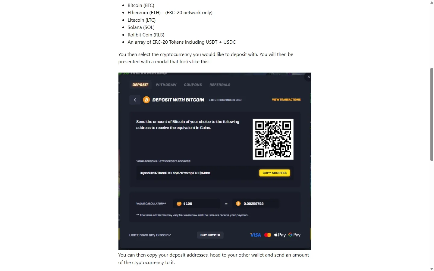 Rollbit payment methods screenshot