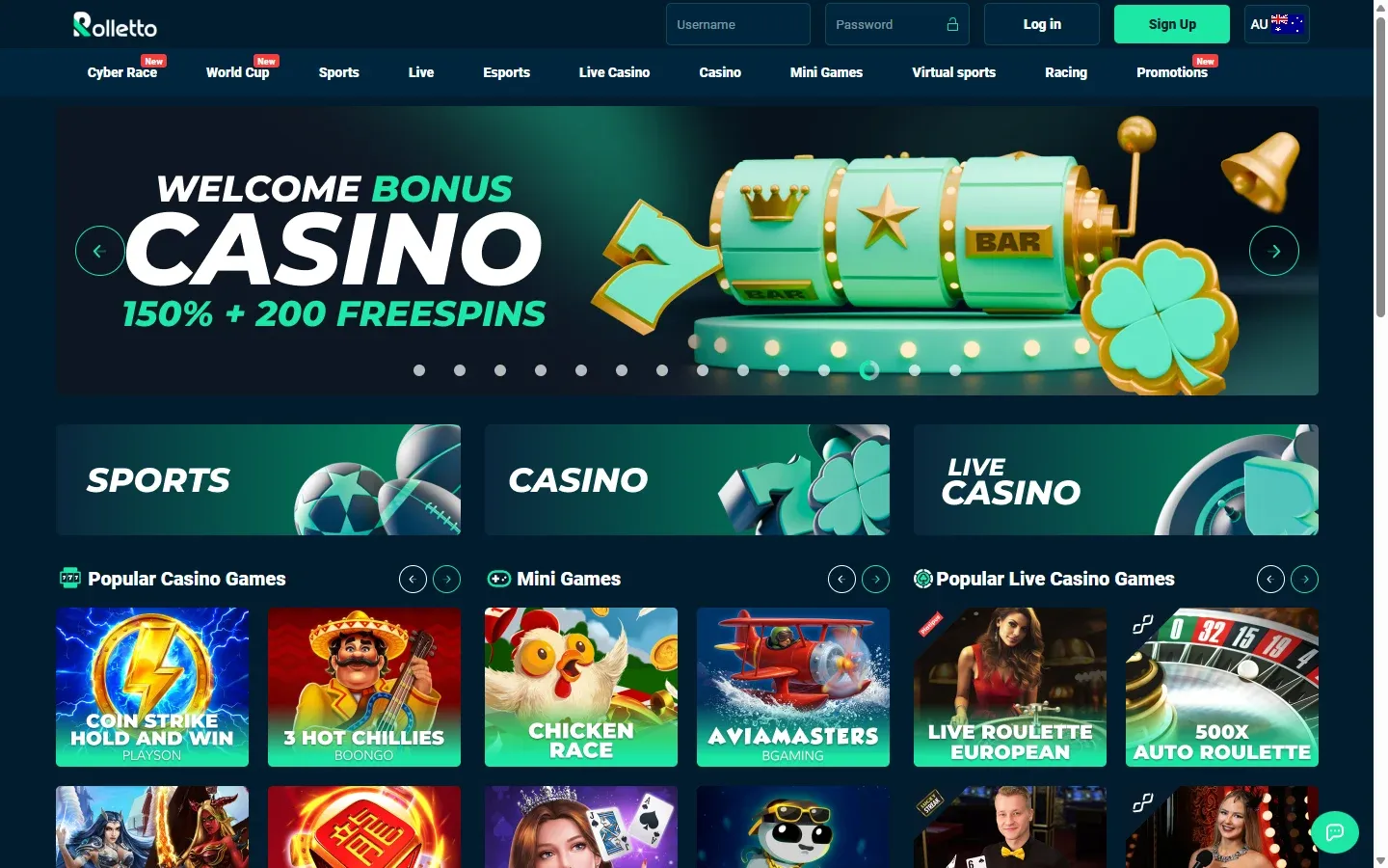 Rolletto Casino homepage screenshot