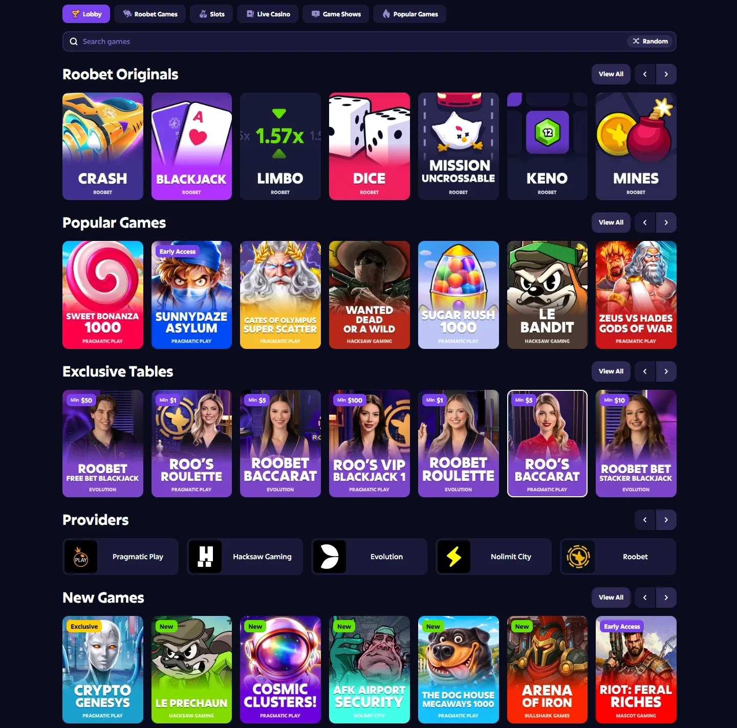 Roobet Casino game lobby screenshot