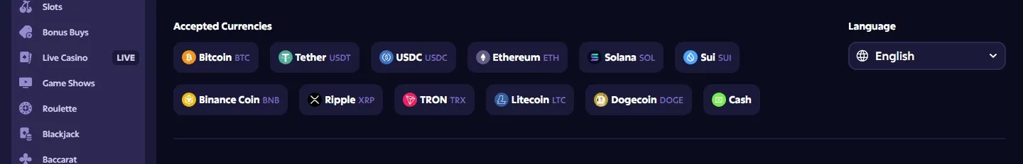 Roobet Casino payment methods screenshot