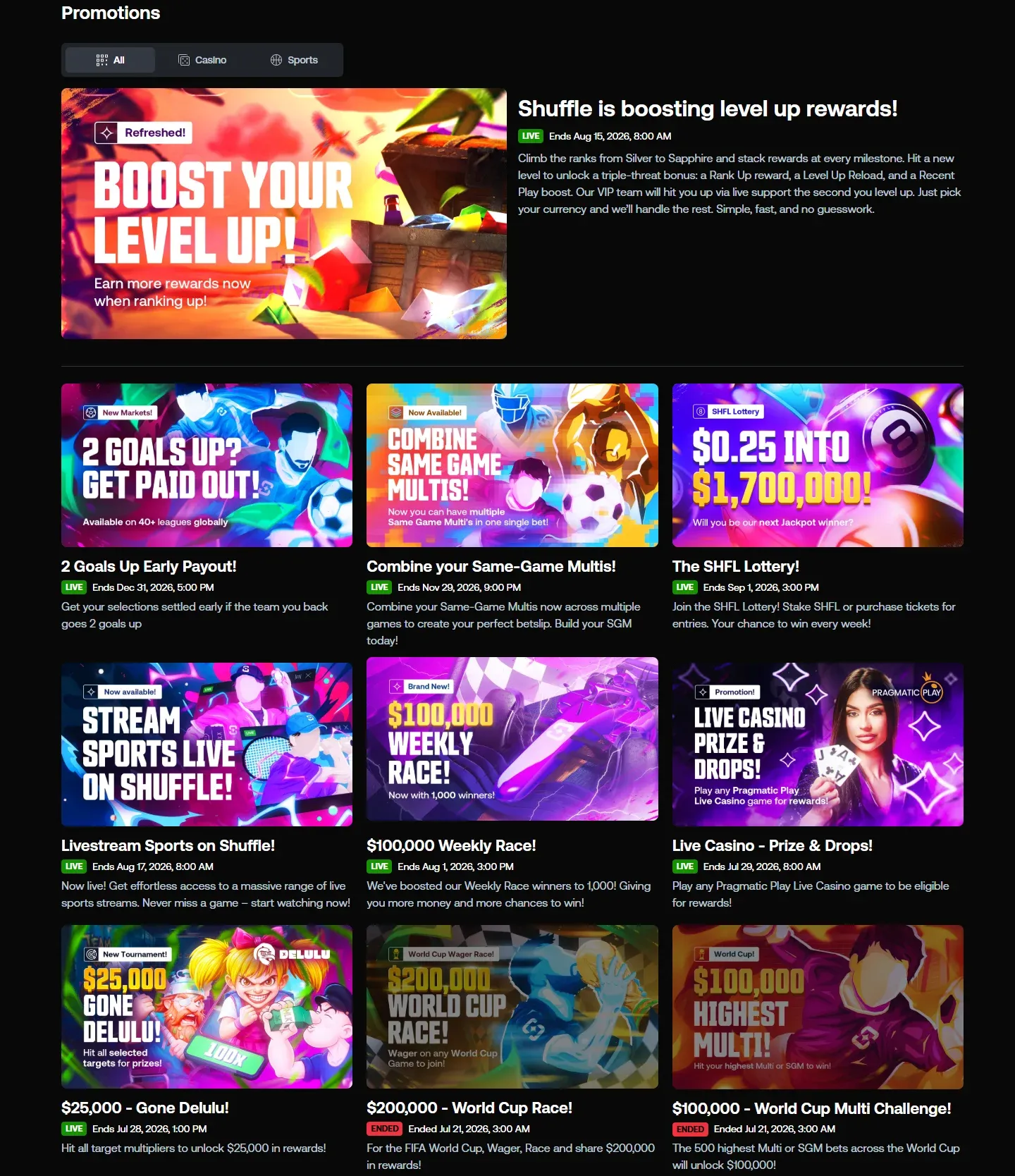 Shuffle Casino promotions screenshot