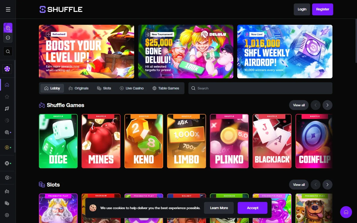 Shuffle Casino homepage screenshot