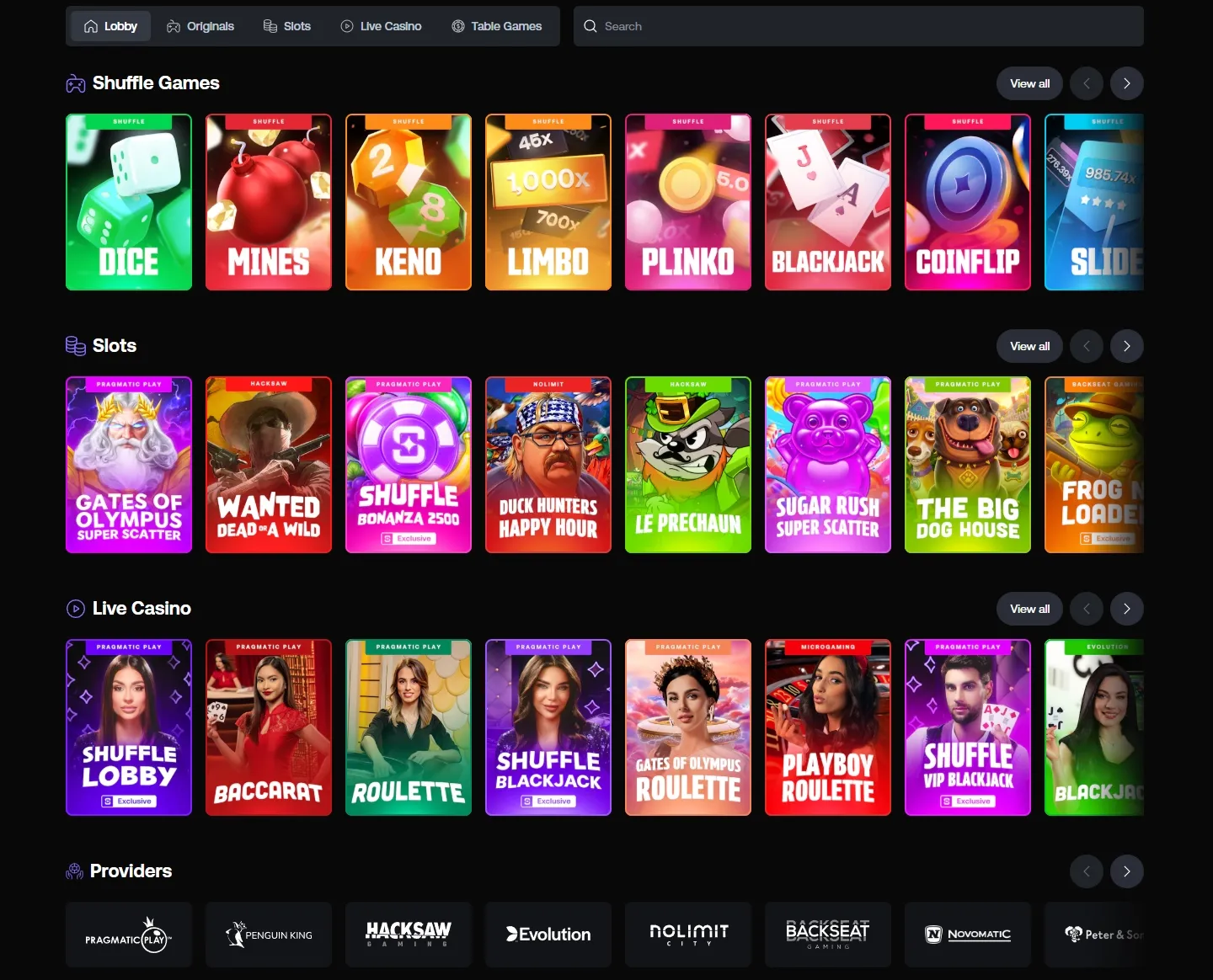 Shuffle Casino game lobby screenshot