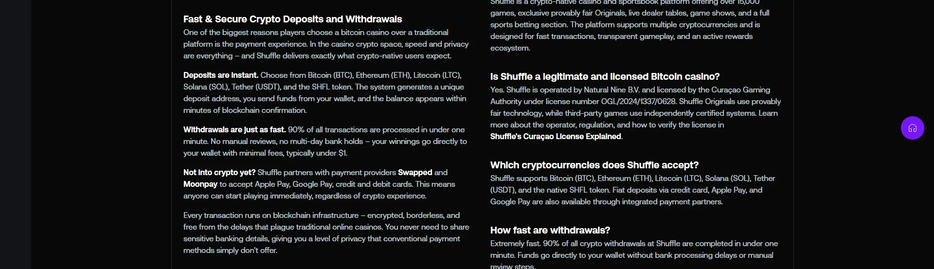 Shuffle Casino payment methods screenshot
