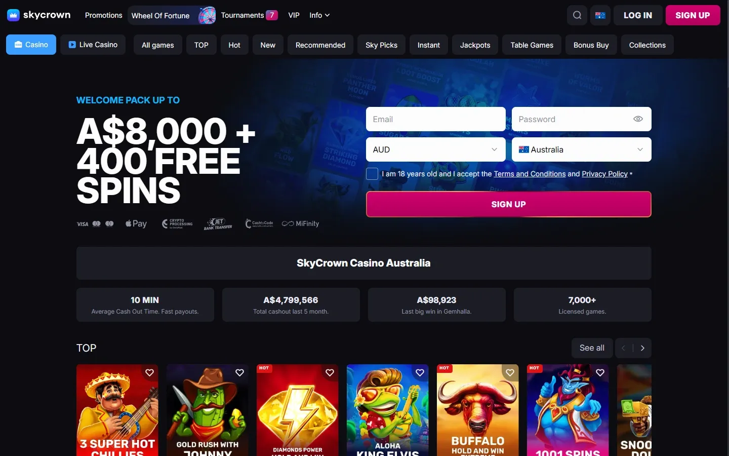 SkyCrown Casino homepage screenshot