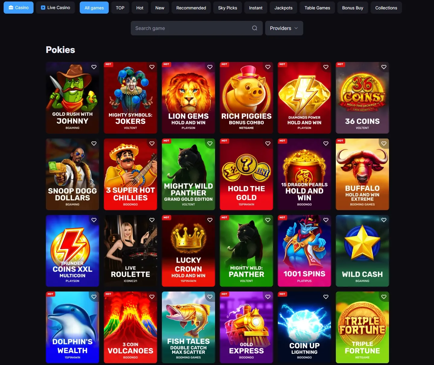 SkyCrown Casino game lobby screenshot
