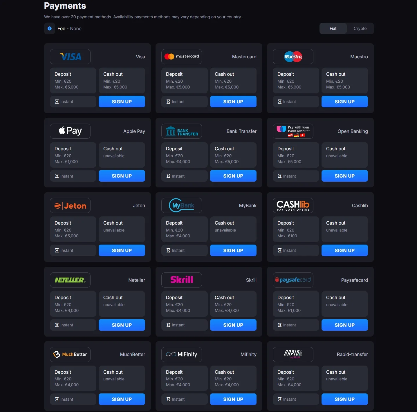 SkyCrown Casino payment methods screenshot