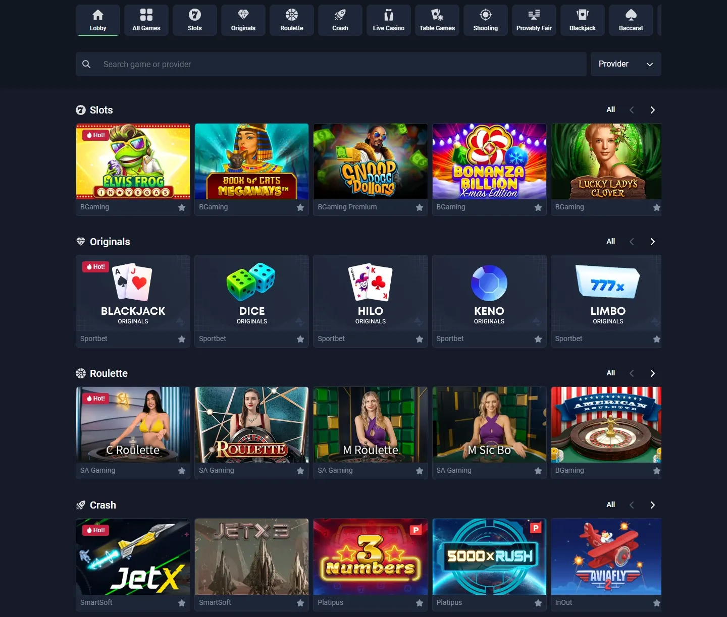 Sportbet.one game lobby screenshot