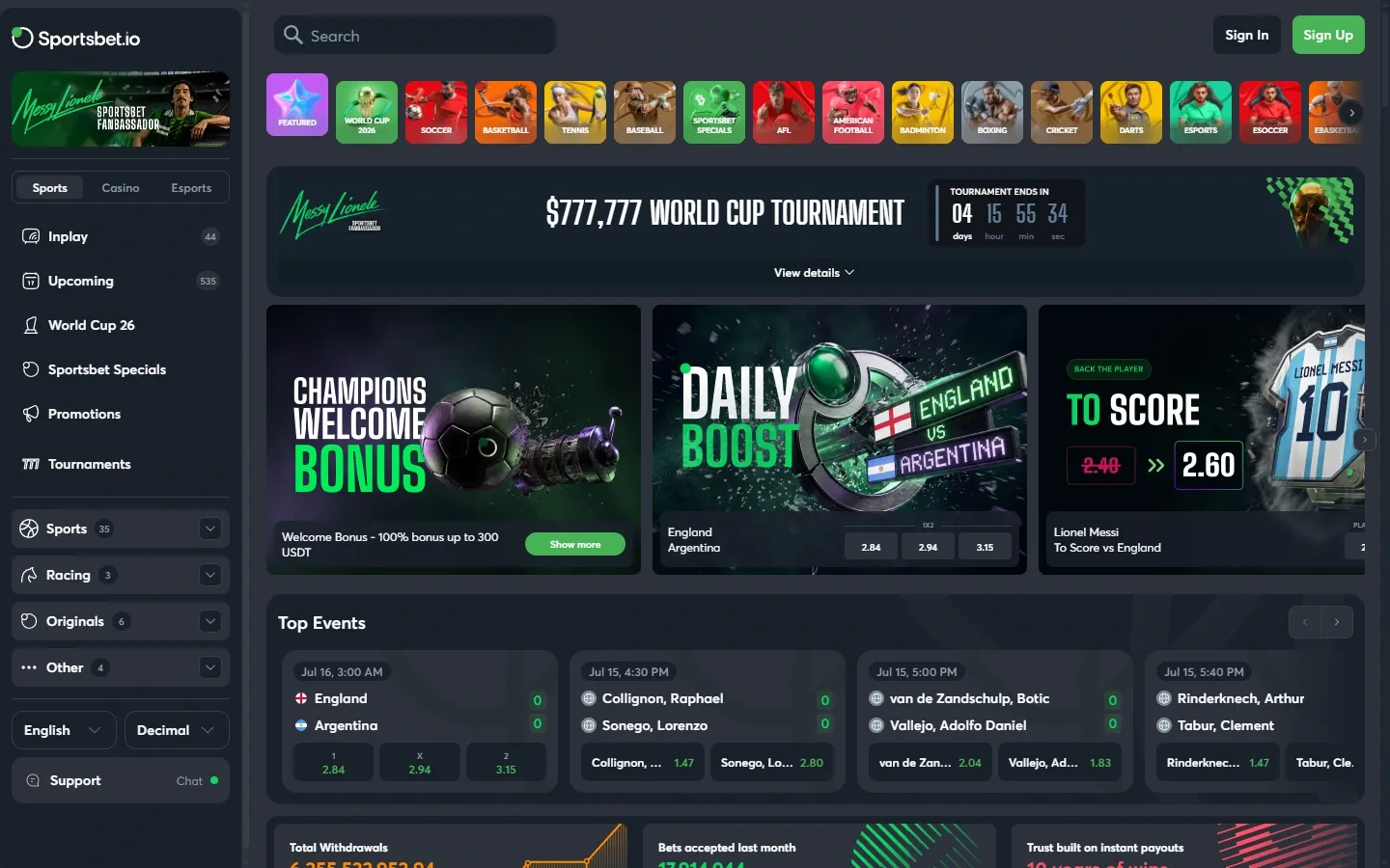 Sportsbet.io homepage screenshot