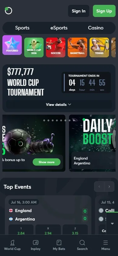 Sportsbet.io mobile screenshot