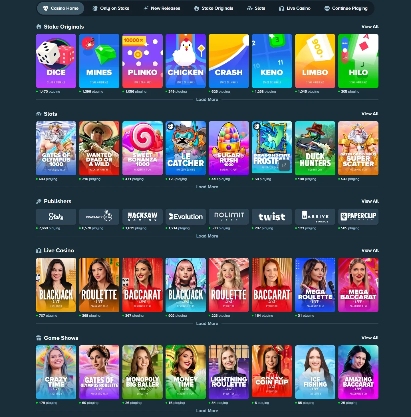 Stake Casino game lobby screenshot