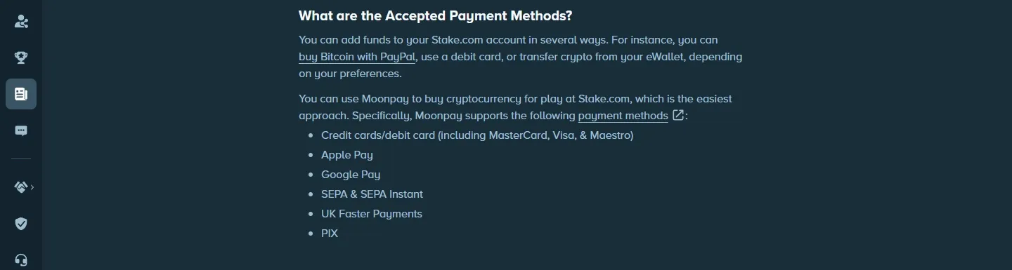 Stake Casino payment methods screenshot