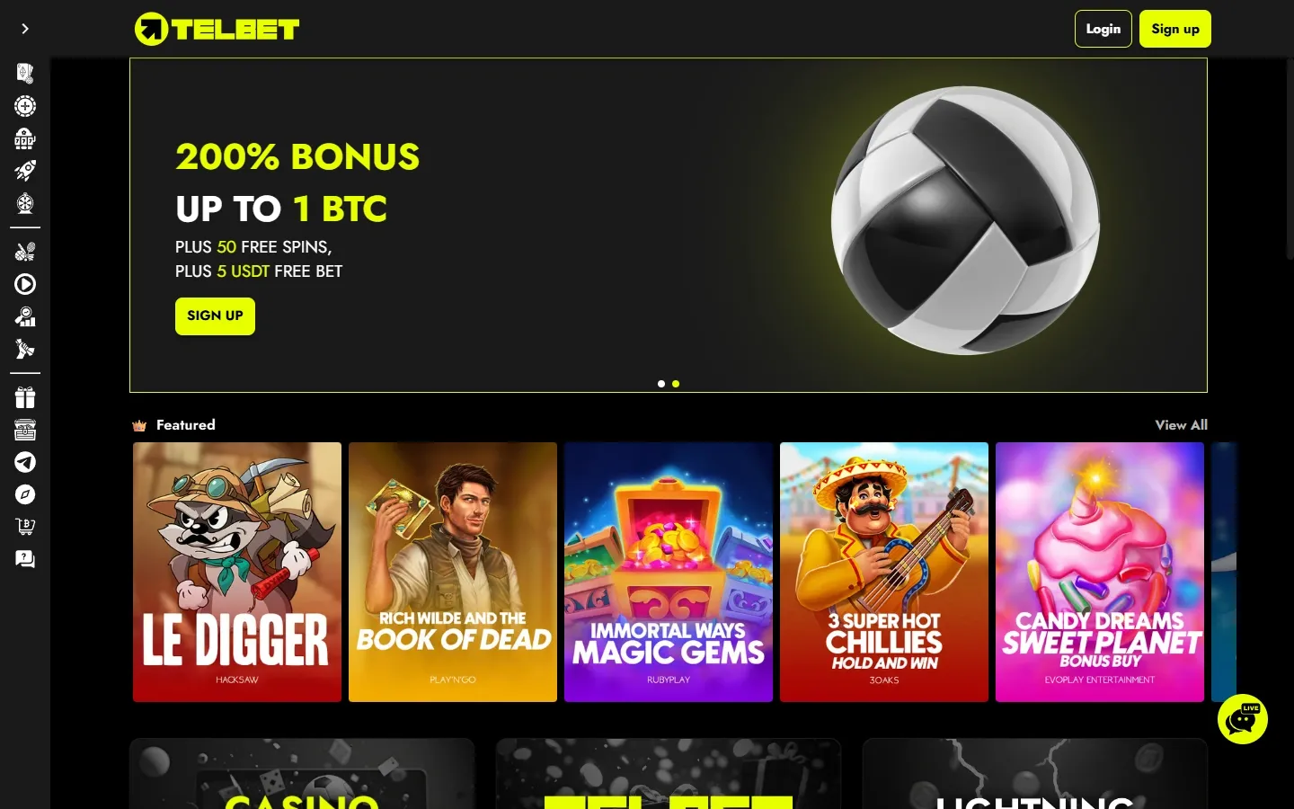 Telbet Casino homepage screenshot