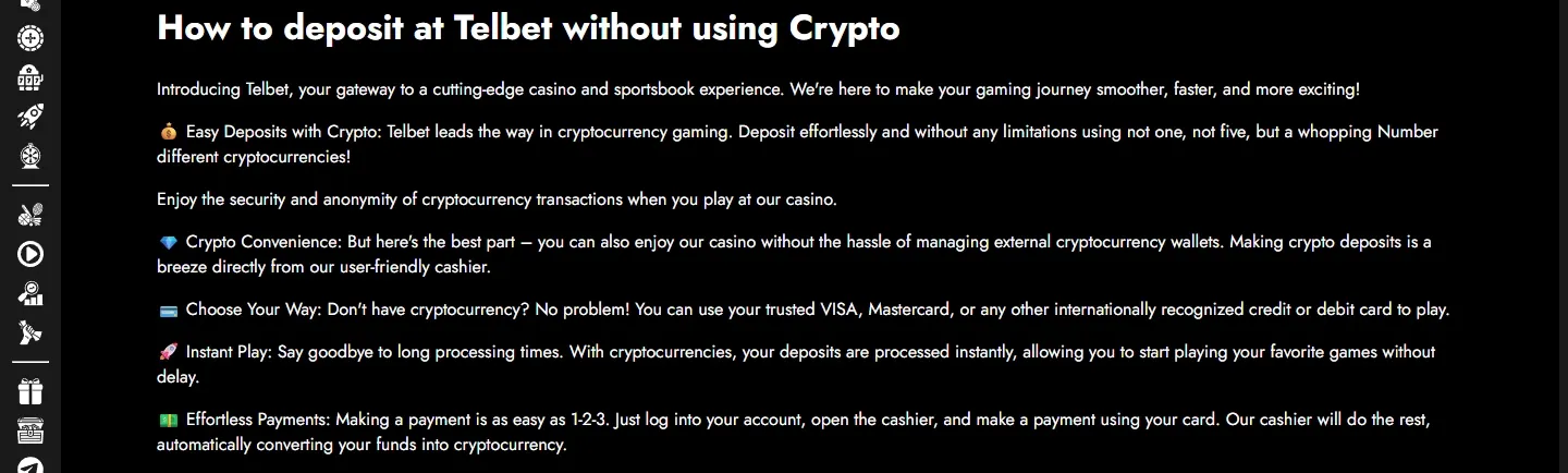 Telbet Casino payment methods screenshot