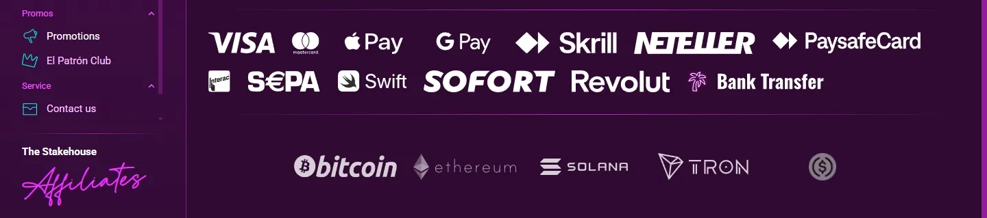 The Stakehouse payment methods screenshot