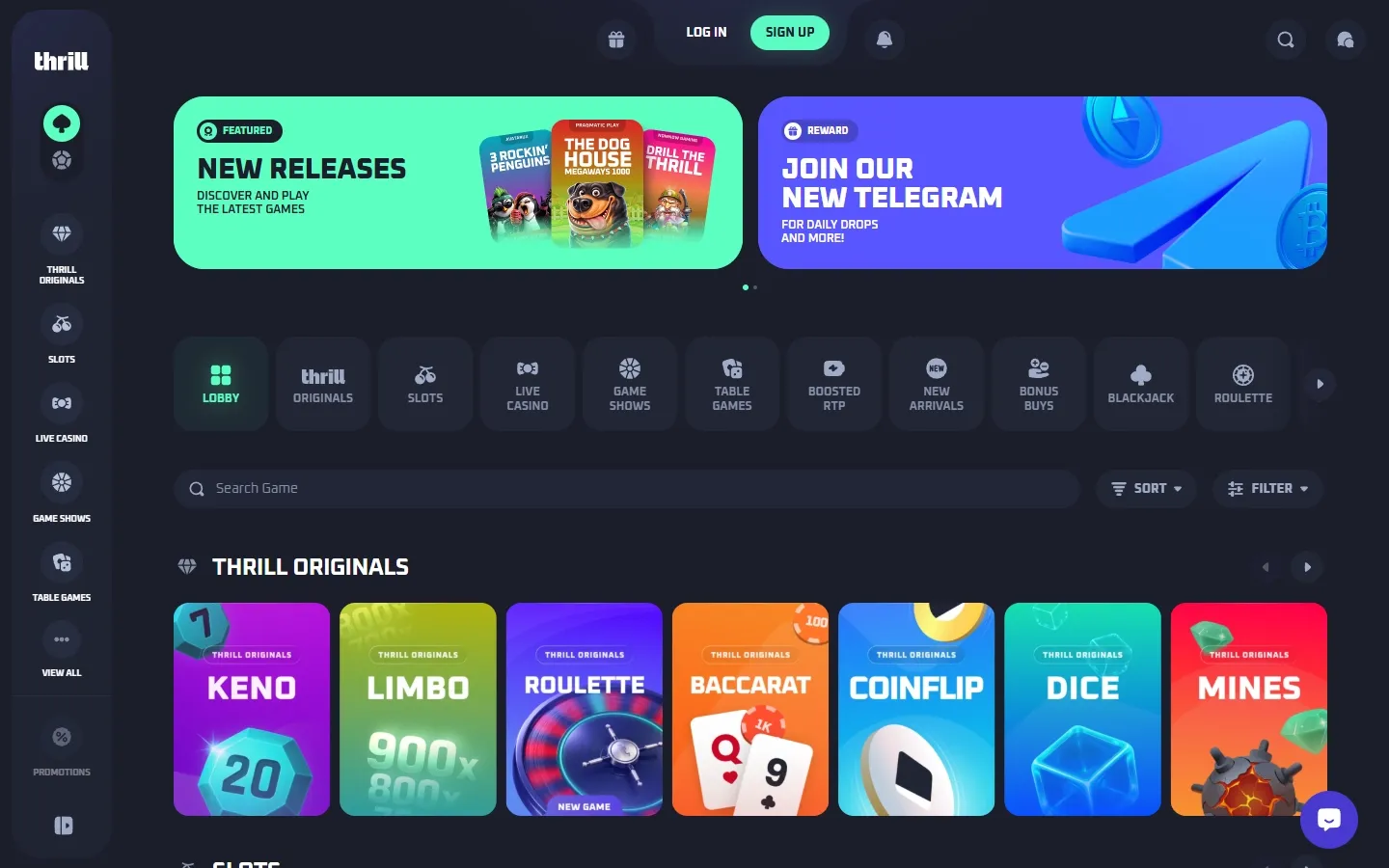 Thrill Casino homepage screenshot