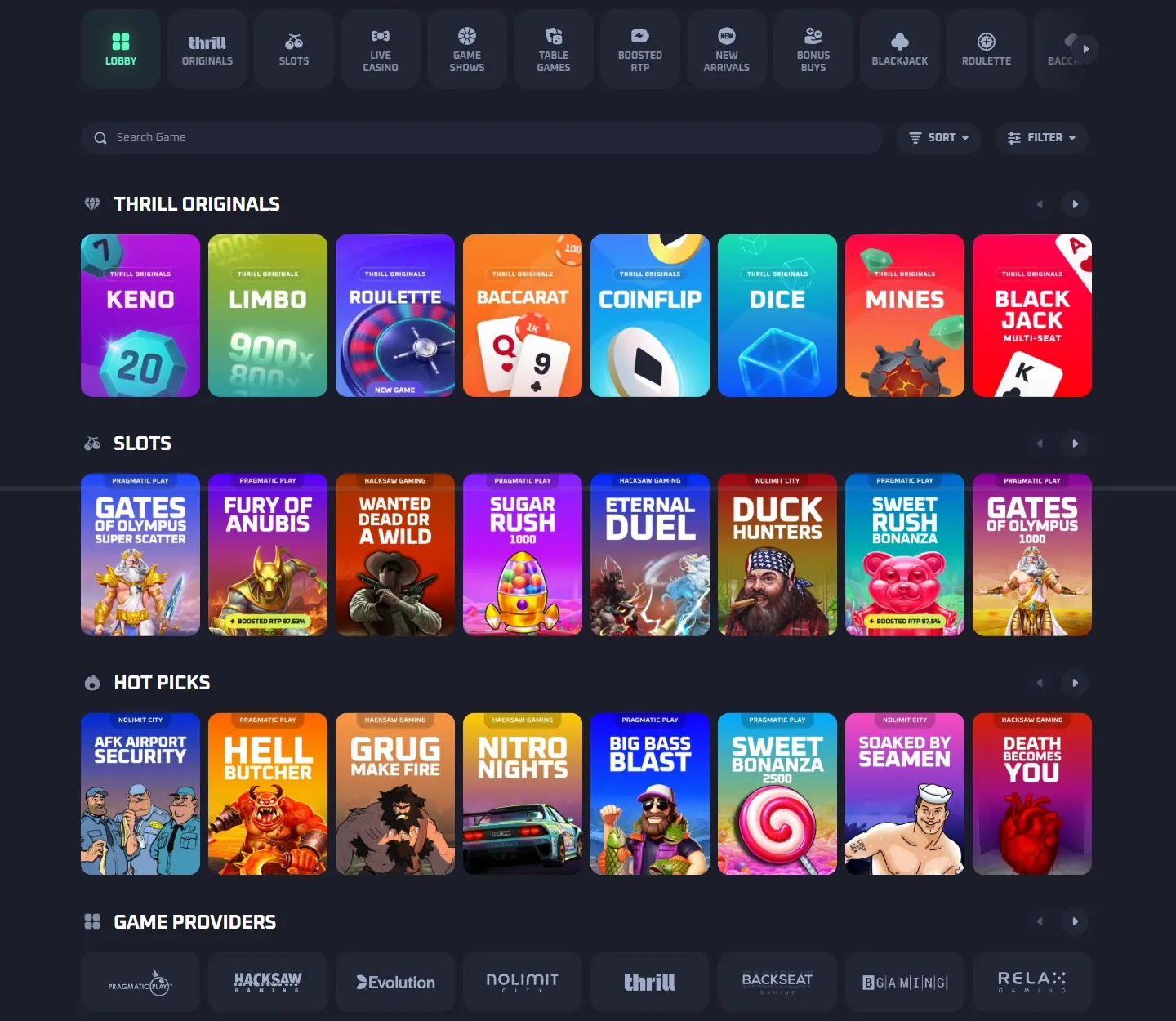 Thrill Casino game lobby screenshot