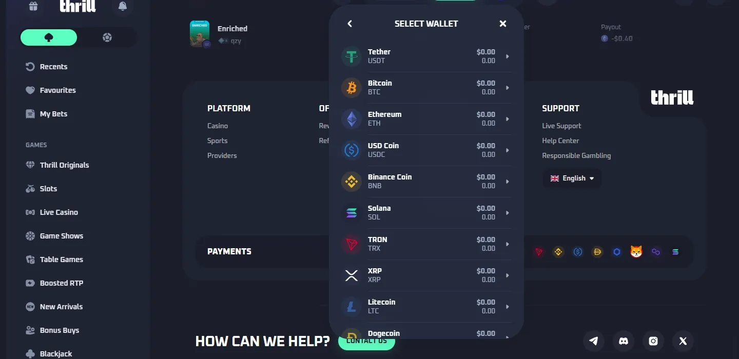 Thrill Casino payment methods screenshot
