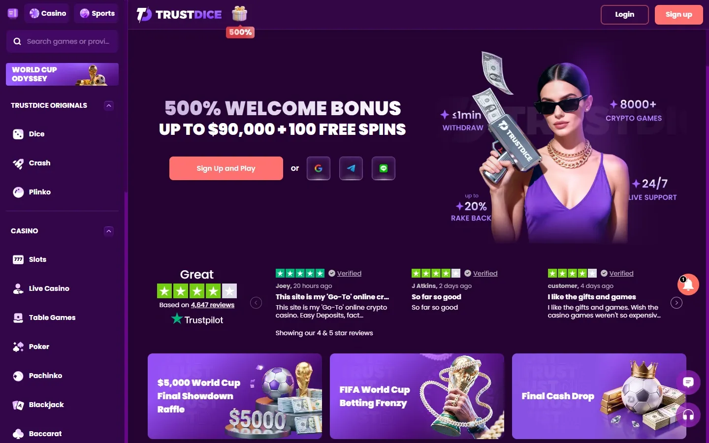 TrustDice Casino homepage screenshot