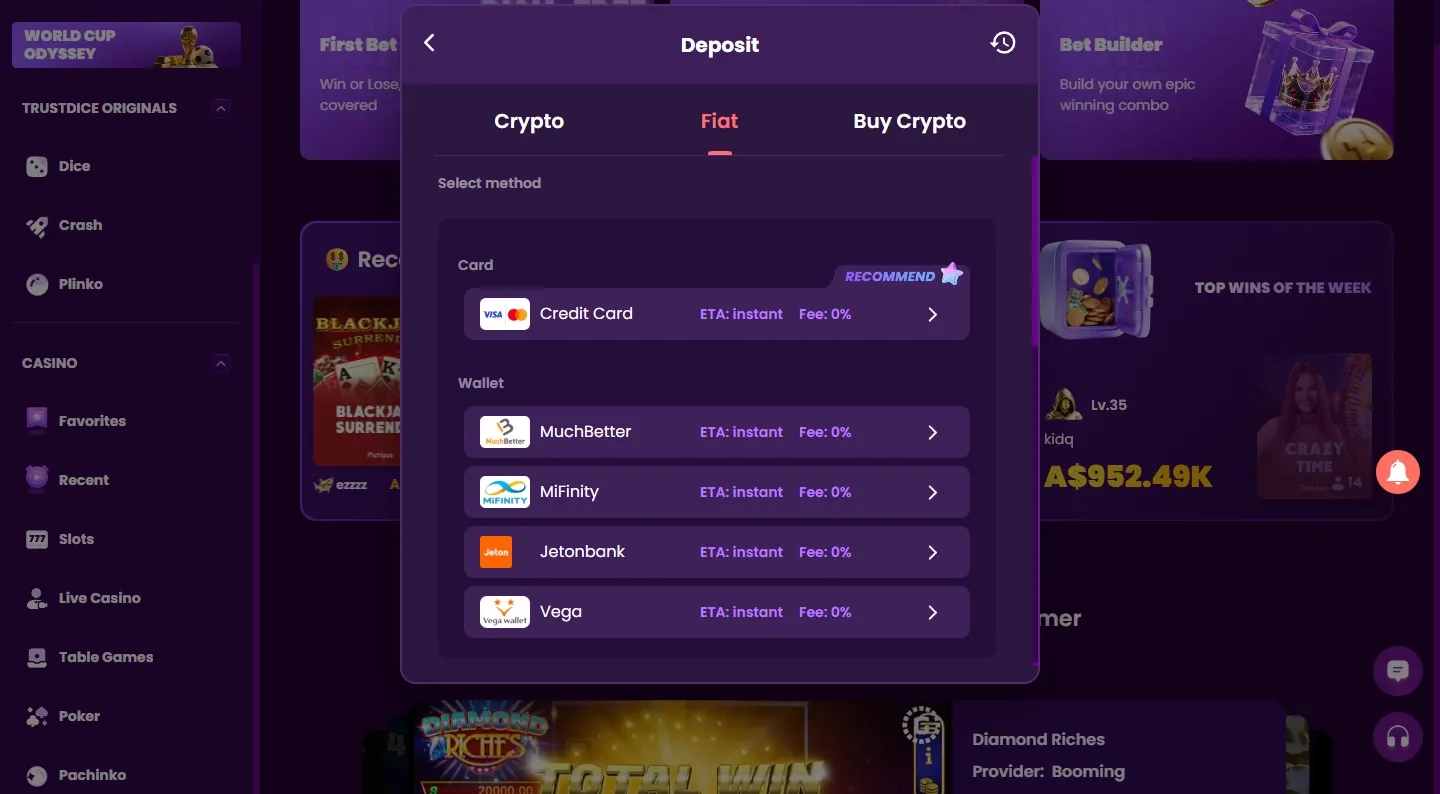 TrustDice Casino payment methods screenshot