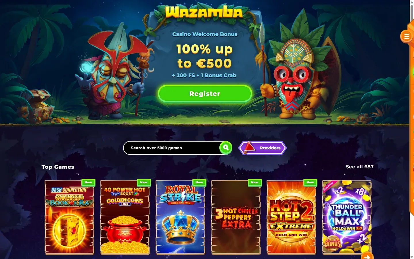 Wazamba Casino homepage screenshot