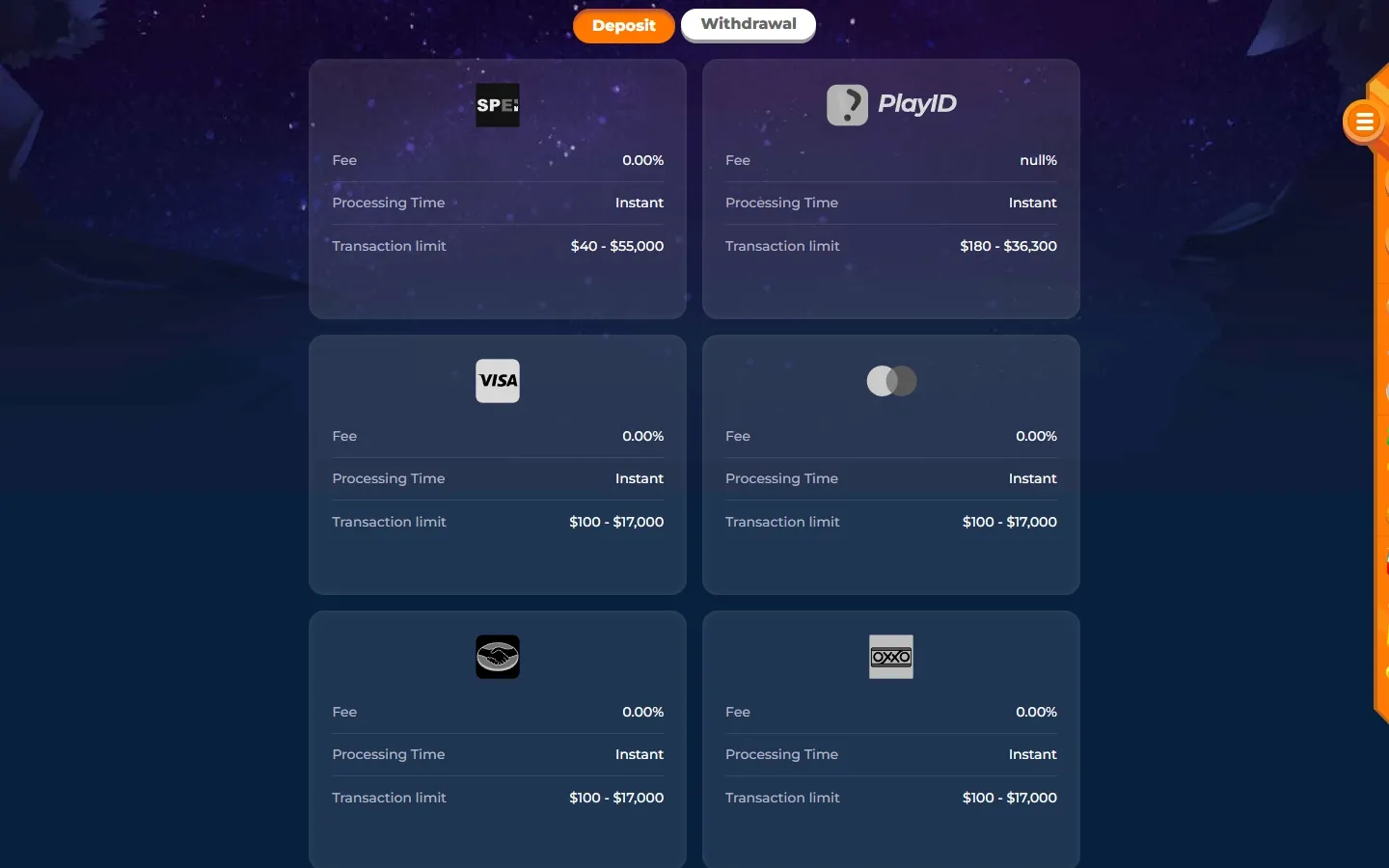 Wazamba Casino payment methods screenshot