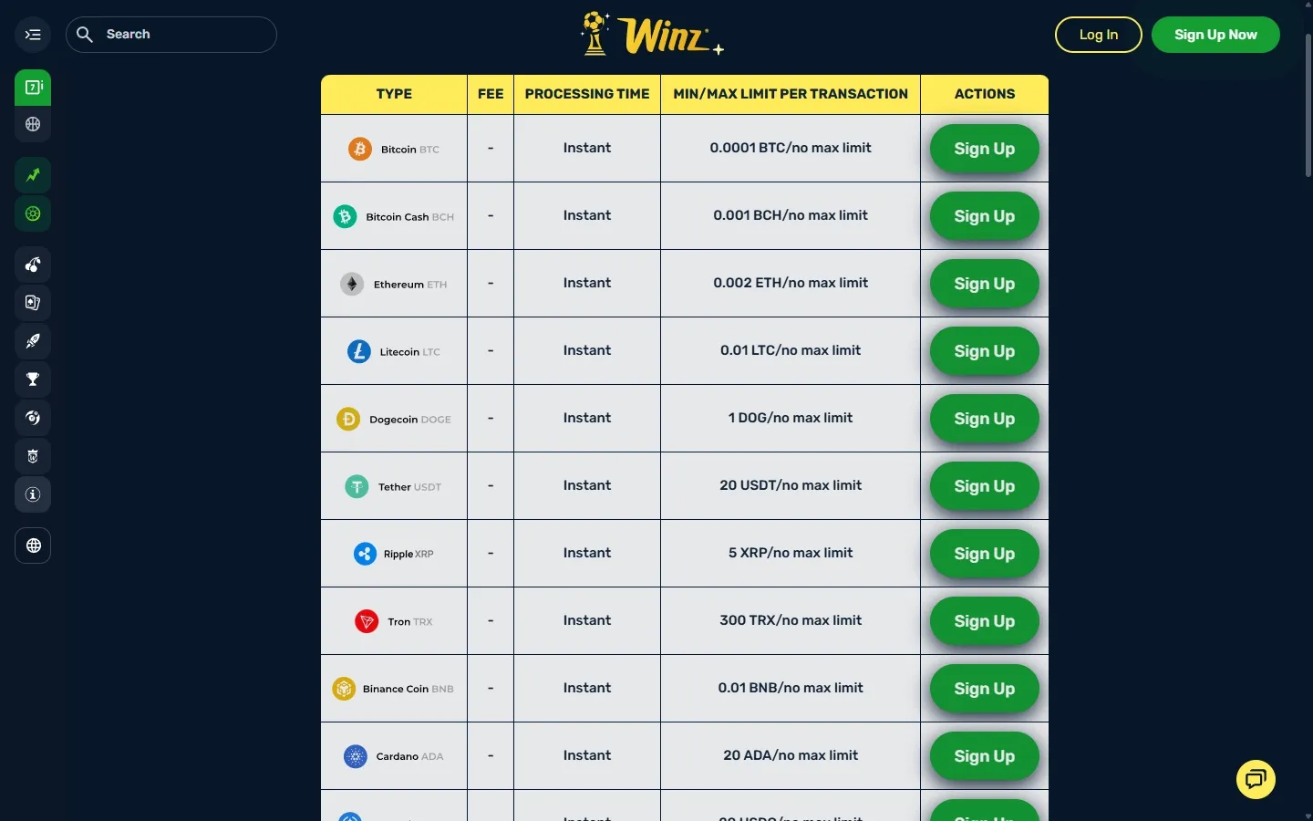 Winz.io payment methods screenshot