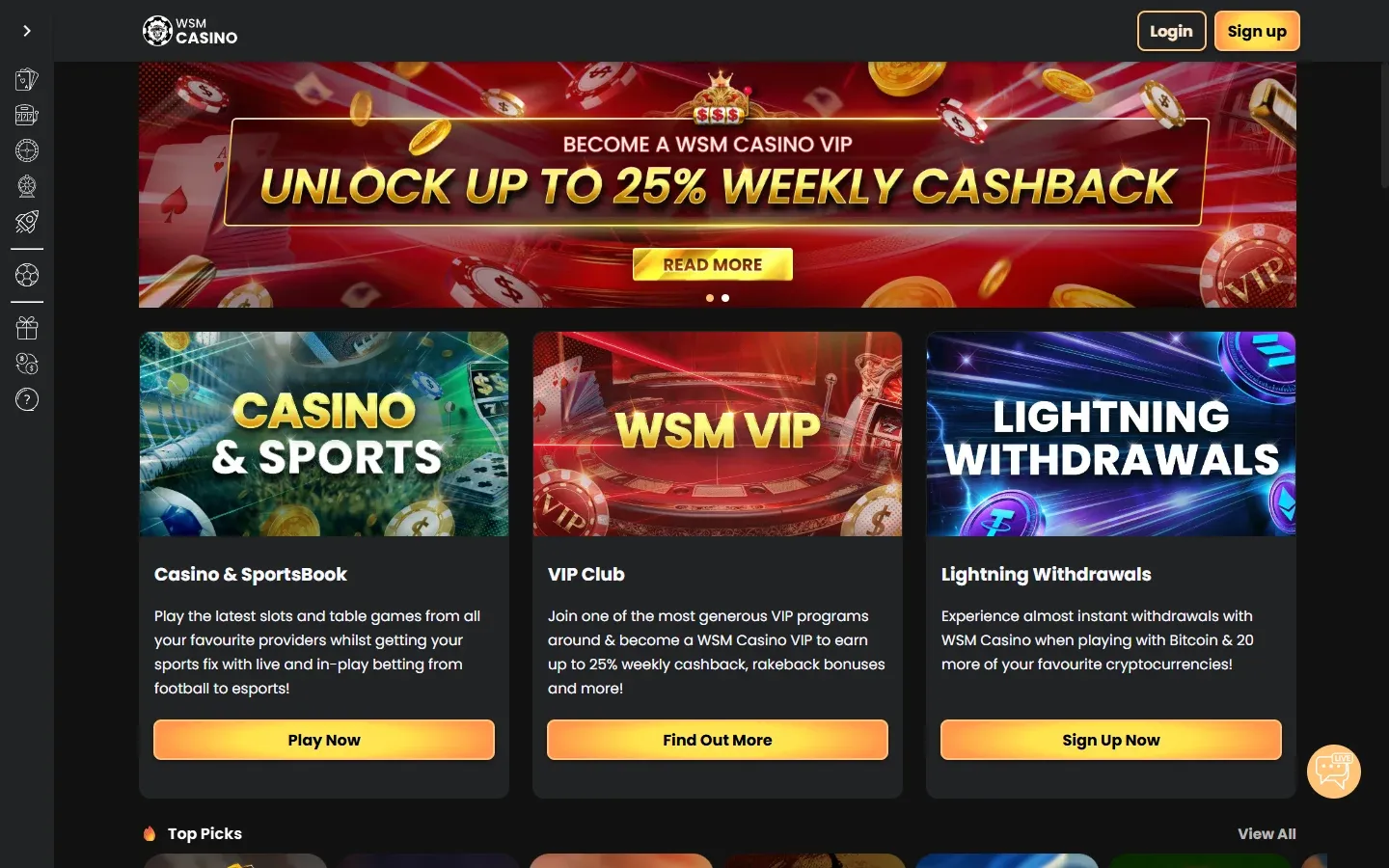 WSM Casino homepage screenshot